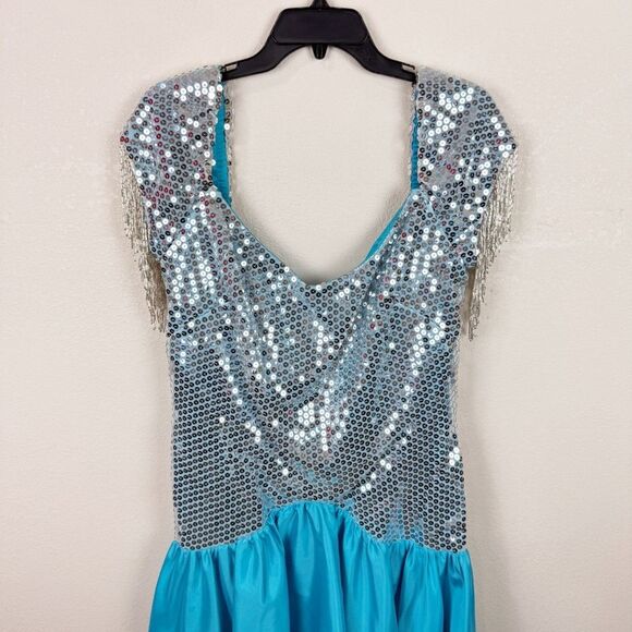 Alyce Designs 80s Vintage Evening Gown Sequin Beaded Dress Blue Silver - Picture 2 of 9